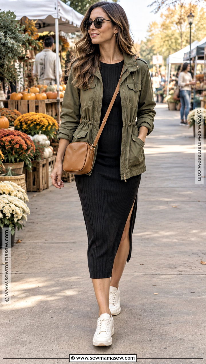 Utility Jacket And Black Dress Fall Date Outfit - 20 fall date outfits for women