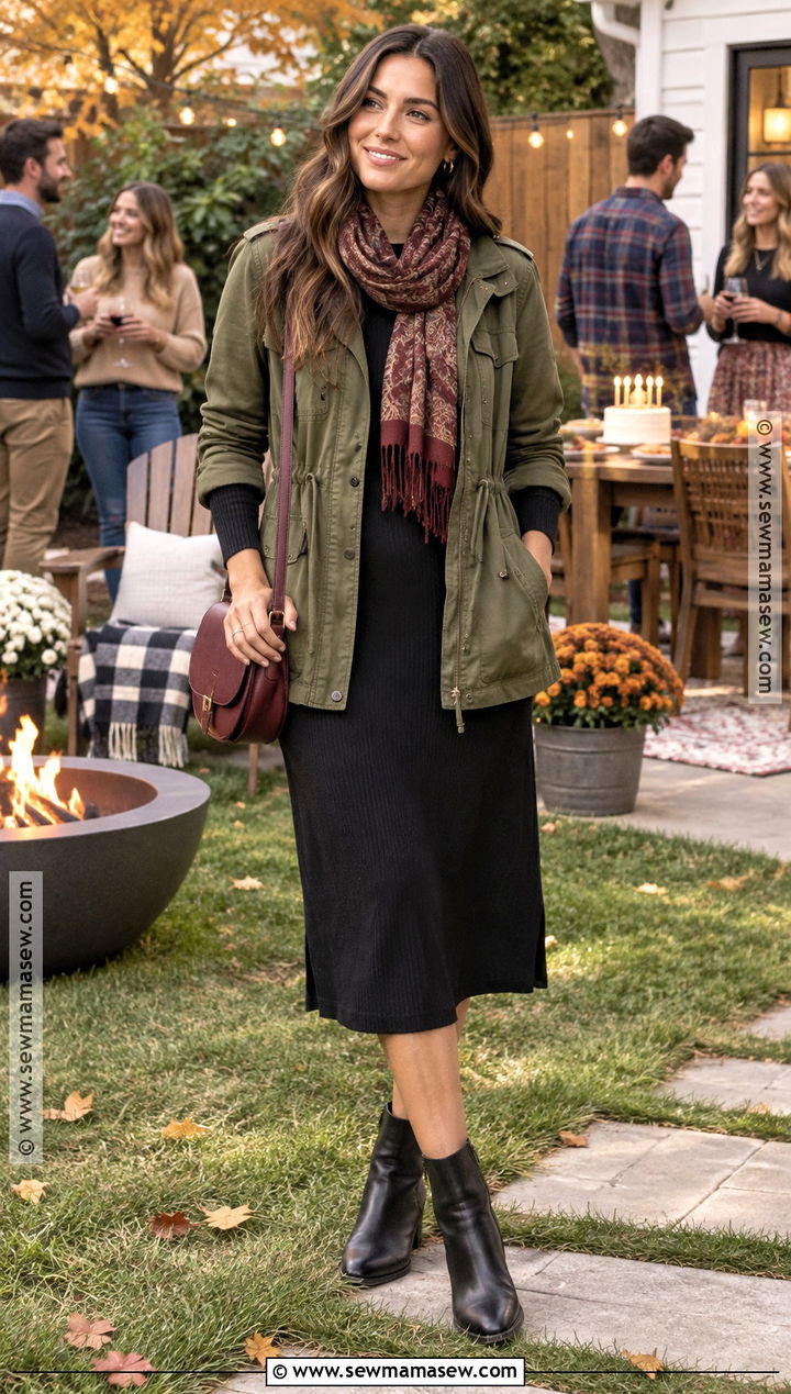 Utility Jacket And Black Dress Outfit - 15 Birthday Party Guest Outfit Casual Fall Ideas