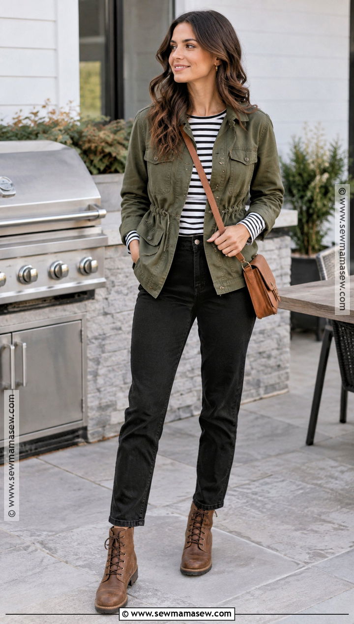Utility Jacket And Black Jeans Fall BBQ Outfit - 20 fall bbq outfit ideas