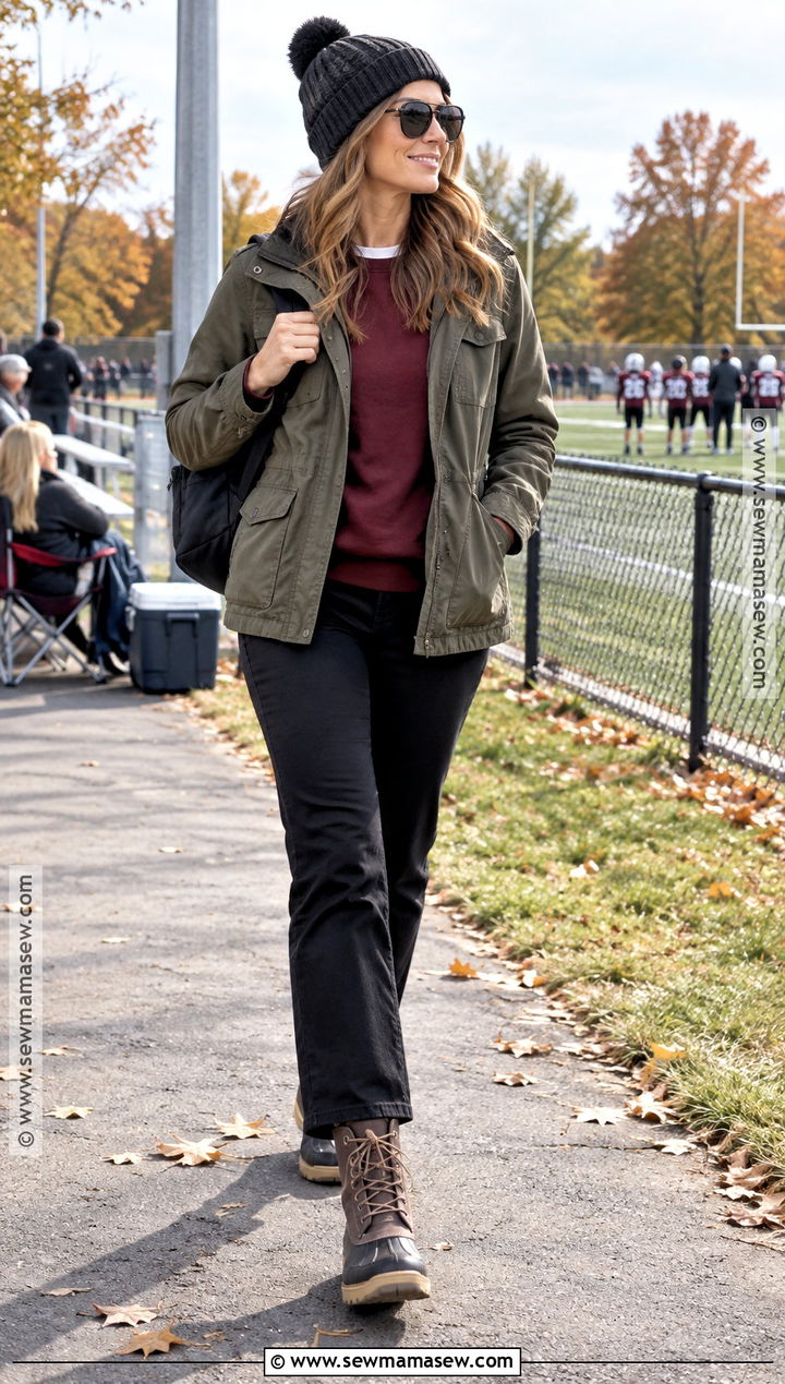 Utility Jacket And Black Jeans Fall Sports Mom Outfit - 15 sports mom fall outfit ideas