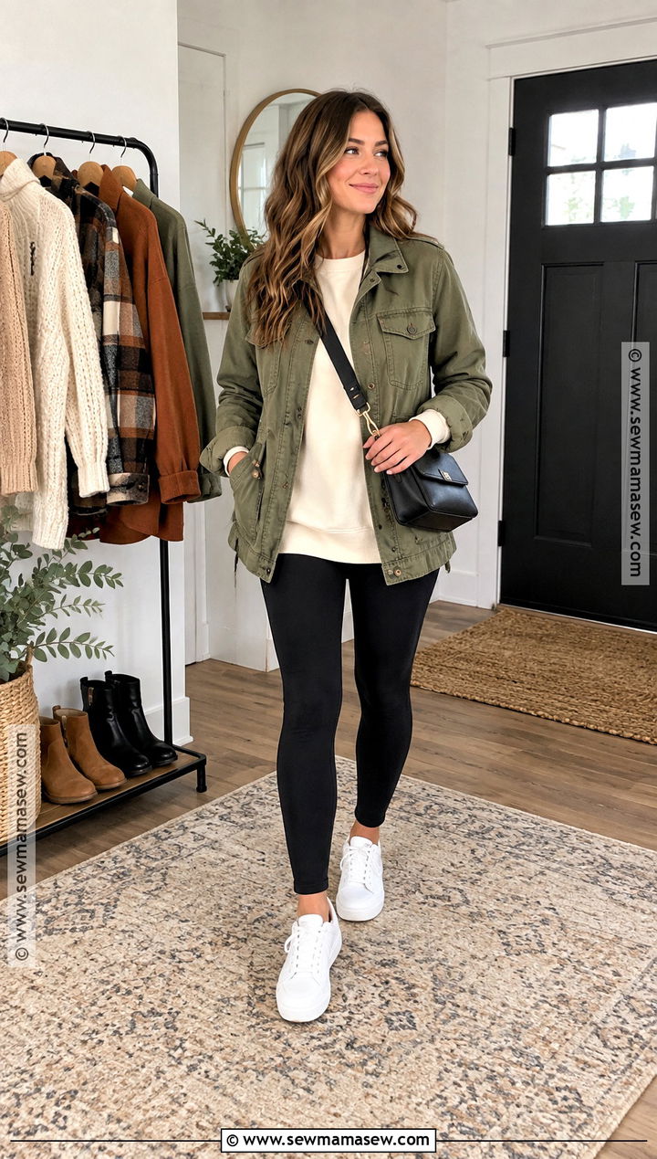 Utility Jacket And Black Leggings Fall Outfit - 15 Fall Fashion Clothing Rack Ideas