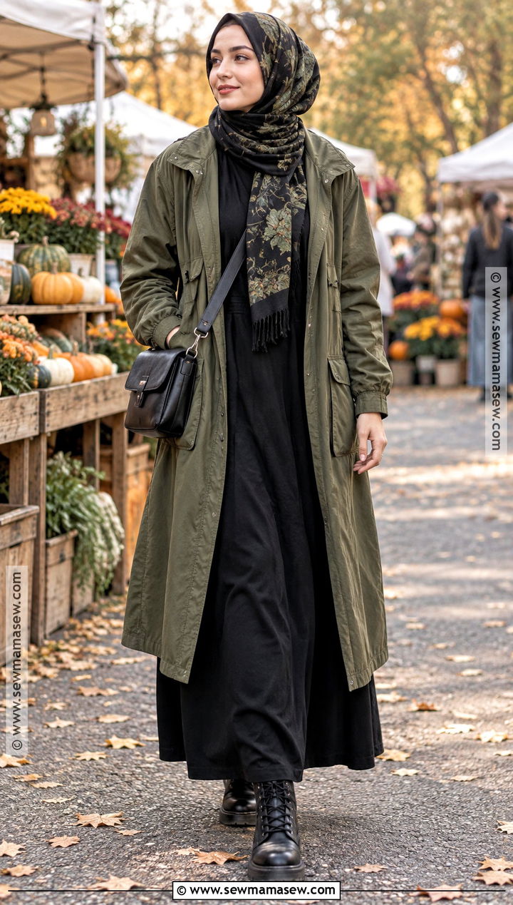 Utility Jacket And Black Maxi Dress Outfit - 20 fall outfits for hijabis