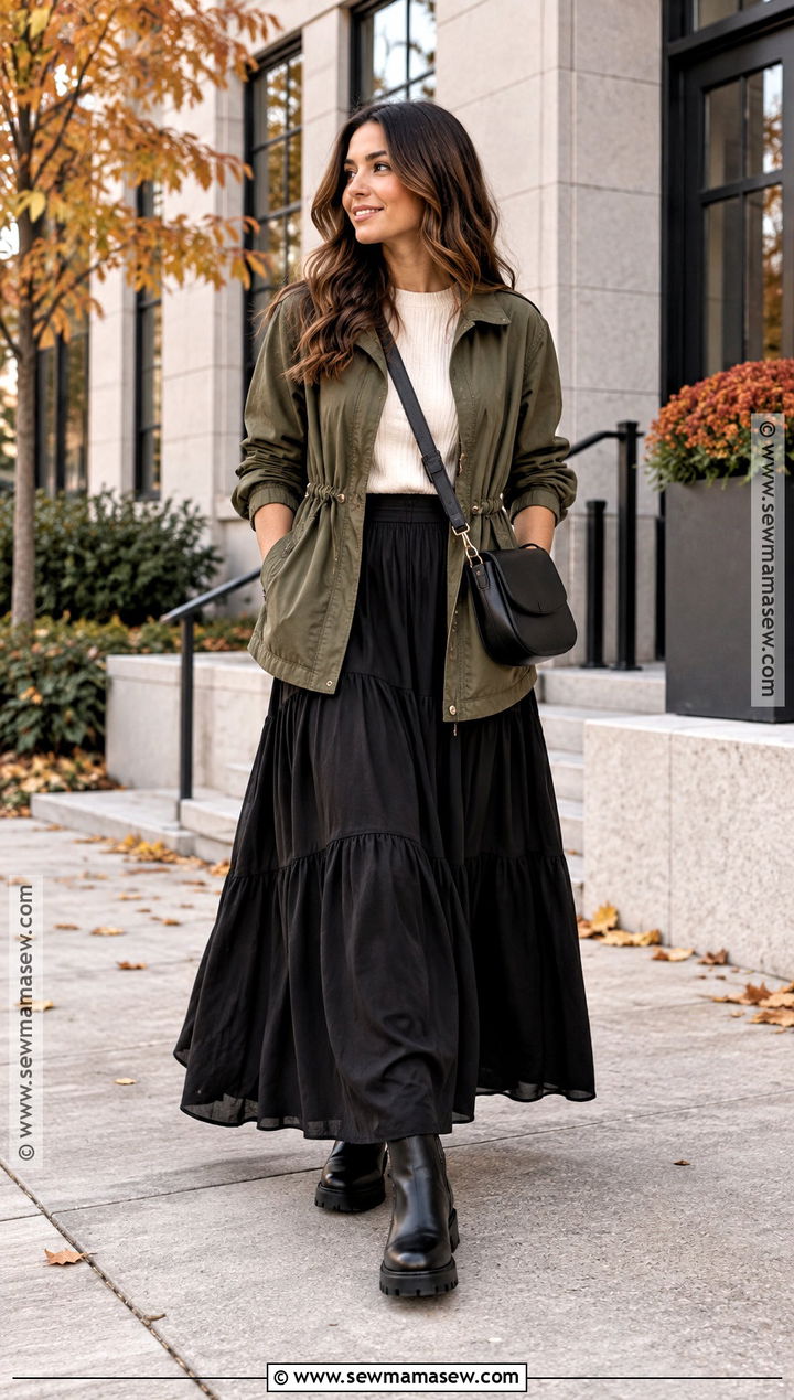 Utility Jacket And Black Maxi Skirt Fall Outfit - 20 30 trendy fall outfit ideas