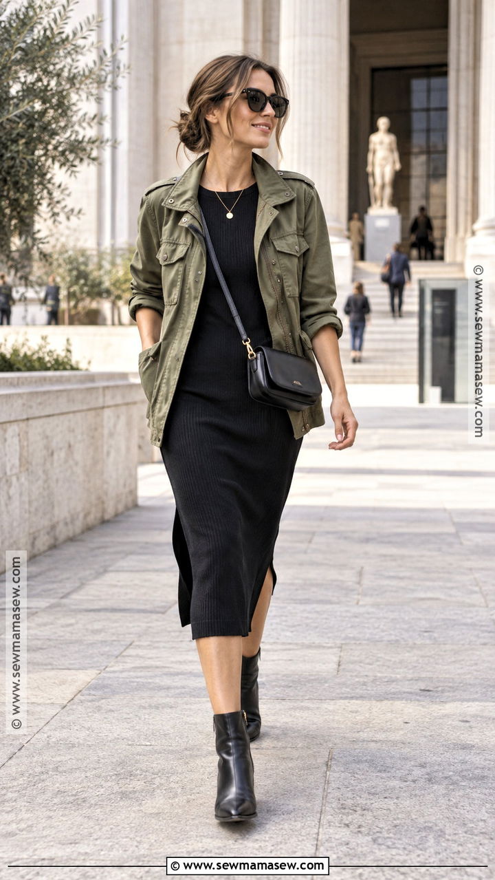 Utility Jacket And Black Midi Dress Date Night Outfit - 20 casual fall date night outfit ideas