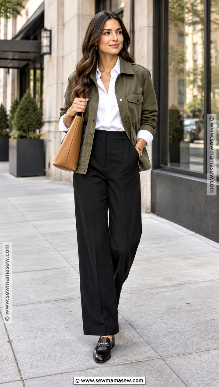 Utility Jacket And Black Trousers Work Outfit - 20 smart casual work outfit autumn ideas