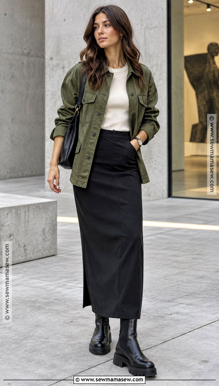 Utility Jacket And Column Skirt City Fall Outfit - 15 City Fall Aesthetic Fashion Ideas