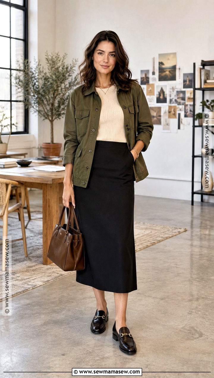 Utility Jacket And Column Skirt Fall Office Outfit - 20 Fall Outfits Office Business Casual