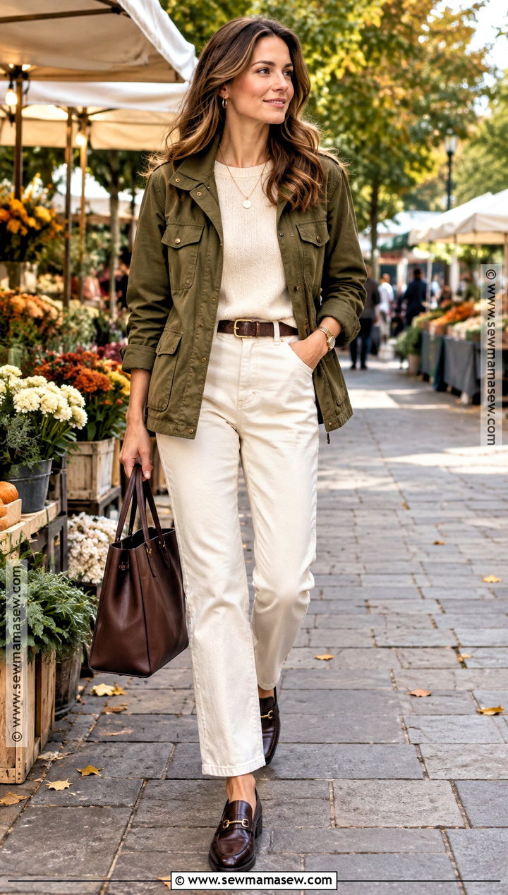 Utility Jacket And Cream Trousers Fall Outfit - 25 chic fall outfits classy