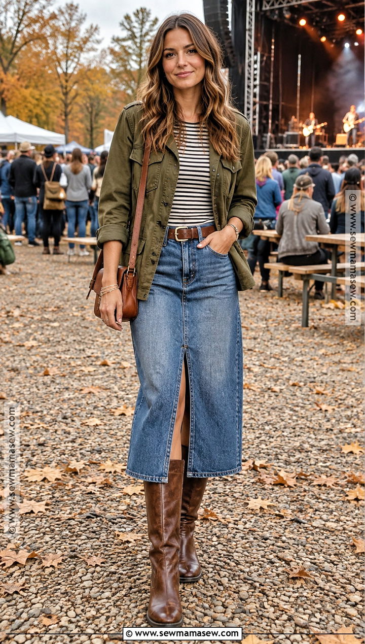 Utility Jacket And Denim Midi Skirt Concert Outfit - 20 outdoor concert outfit fall ideas