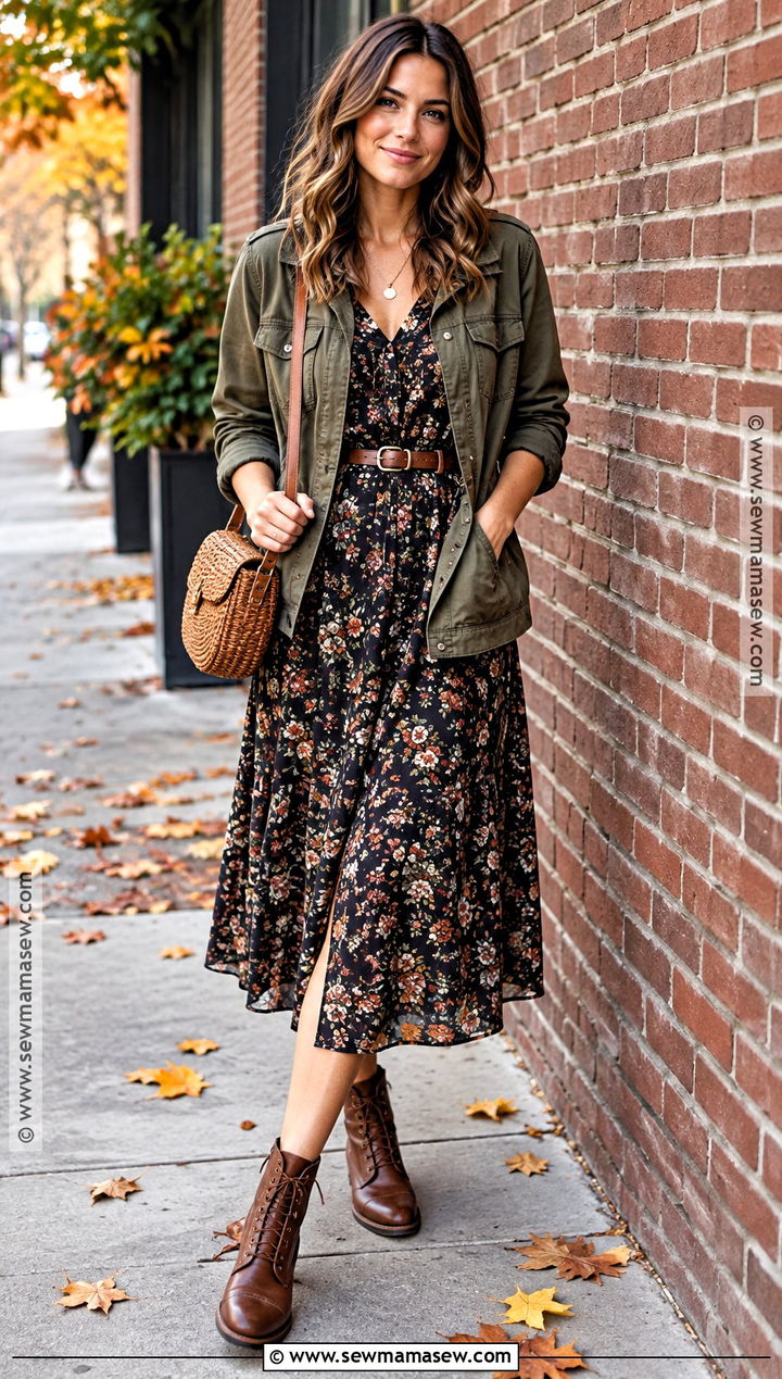 Utility Jacket And Floral Dress Boho Fall Outfit - 25 boho fall outfits