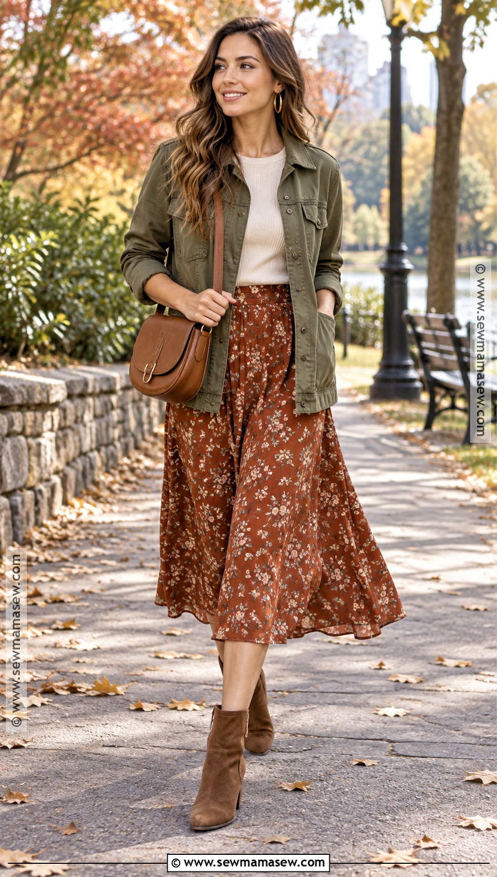Utility Jacket And Floral Skirt Fall Outfit - 15 Casual Feminine Outfits Fall