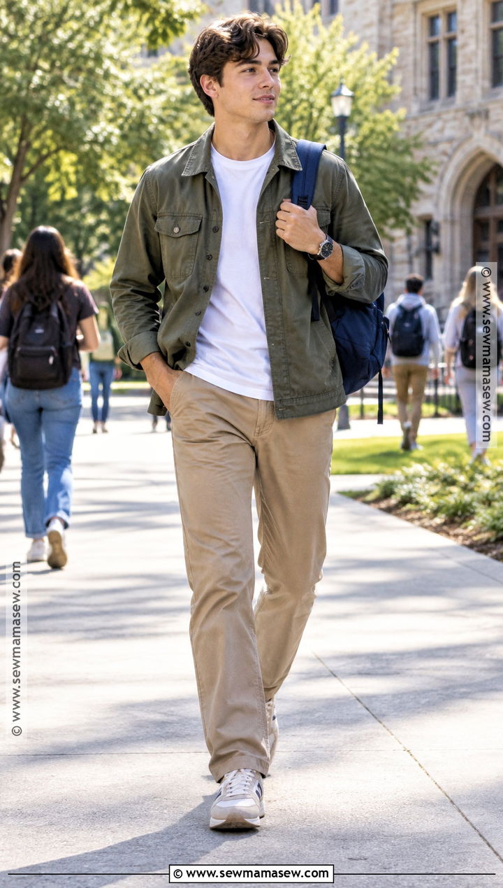 Utility Jacket And Khaki Pants Outfit - 20 back to school outfits dress code