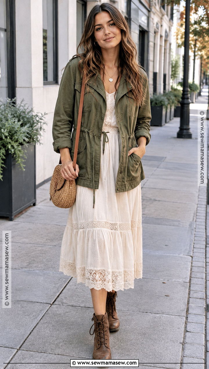 Utility Jacket And Lace Trim Dress Fall Boho Outfit - 25 fall boho outfits