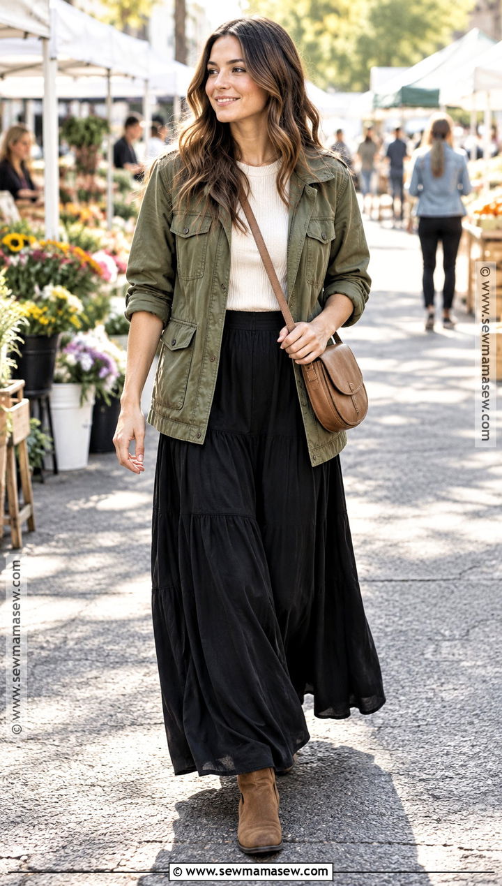 Utility Jacket And Maxi Skirt Fall Outfit - 15 Cute Fall Outfits For 2026