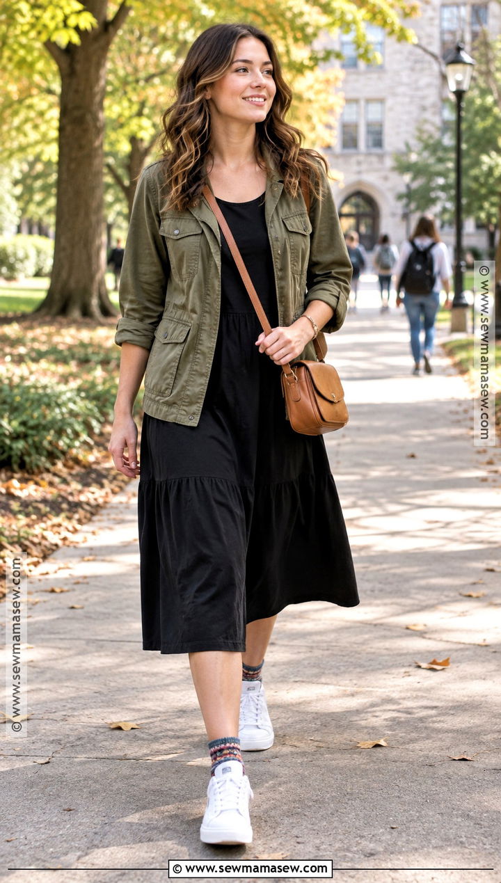 Utility Jacket And Midi Dress Outfit - 15 Back To School Wardrobe Ideas