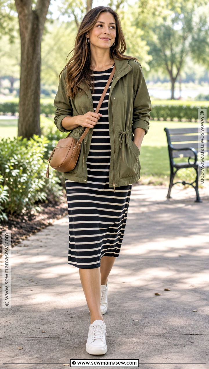 Utility Jacket And Midi Dress Transitional Outfit - 25 transitional outfits summer to fall