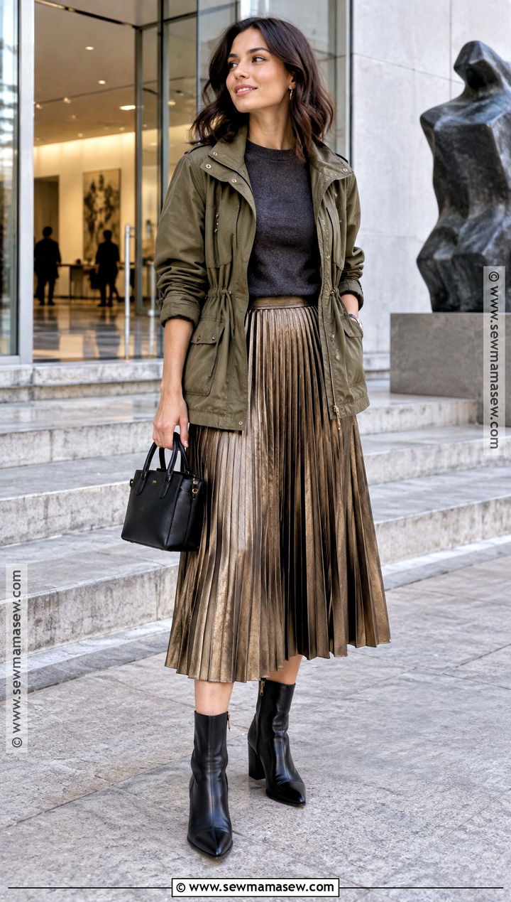 Utility Jacket And Pleated Metallic Skirt Fall Outfit - 15 Fall Outfits Eclectic