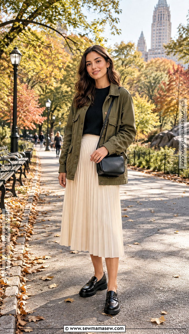 Utility Jacket And Pleated Midi Skirt NYC Fall Outfit - 25 fall in new york city outfits