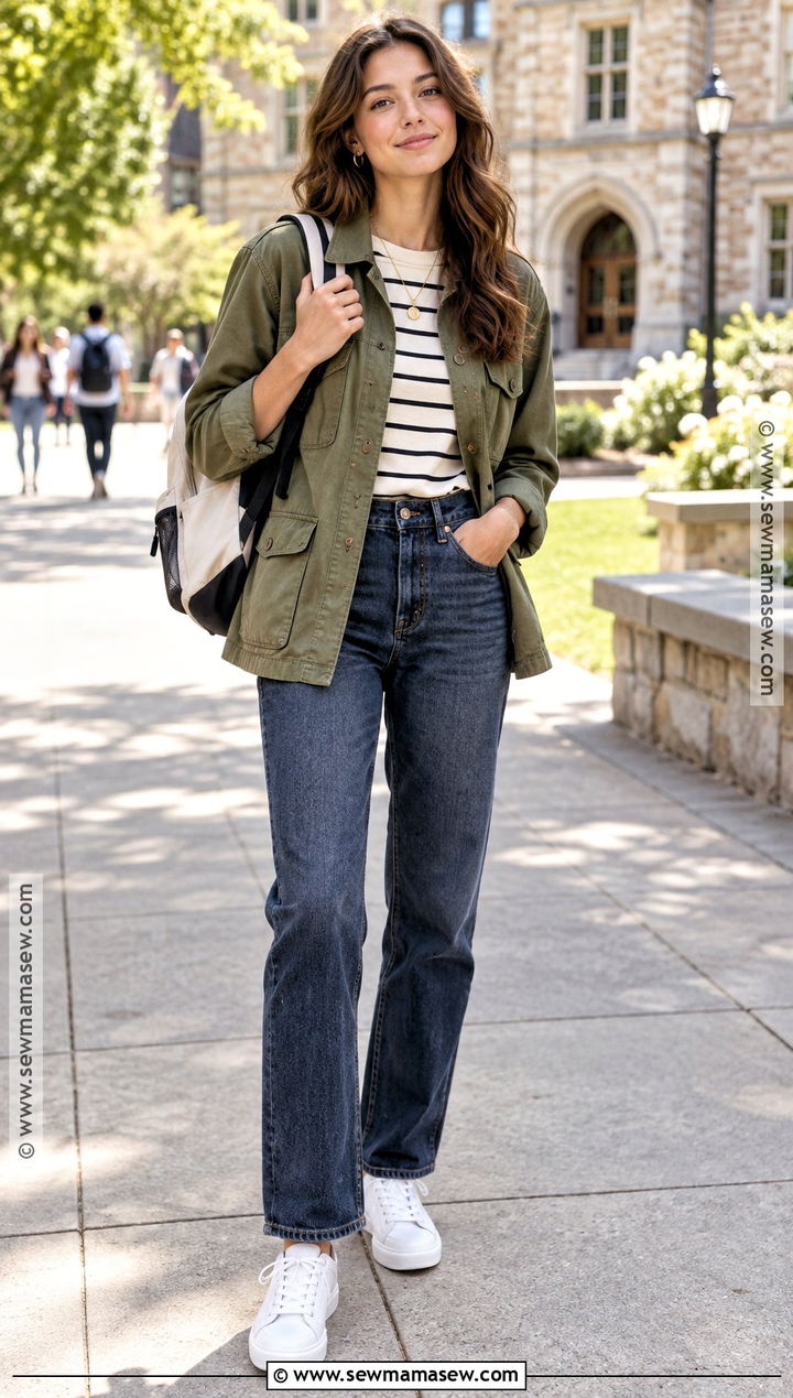 Utility Jacket And Striped T Shirt Back To School Outfit - 25 Back To School Inspo Outfits