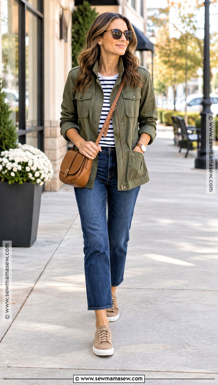 Utility Jacket And Striped Tee Fall Outfit - 20 Cool Mom Outfits Fall