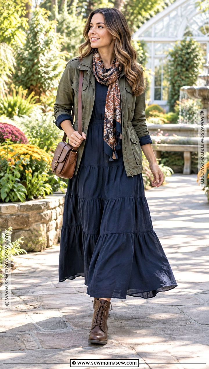 Utility Jacket And Tiered Maxi Dress Fall Outfit - 20 modest fall fashion ideas