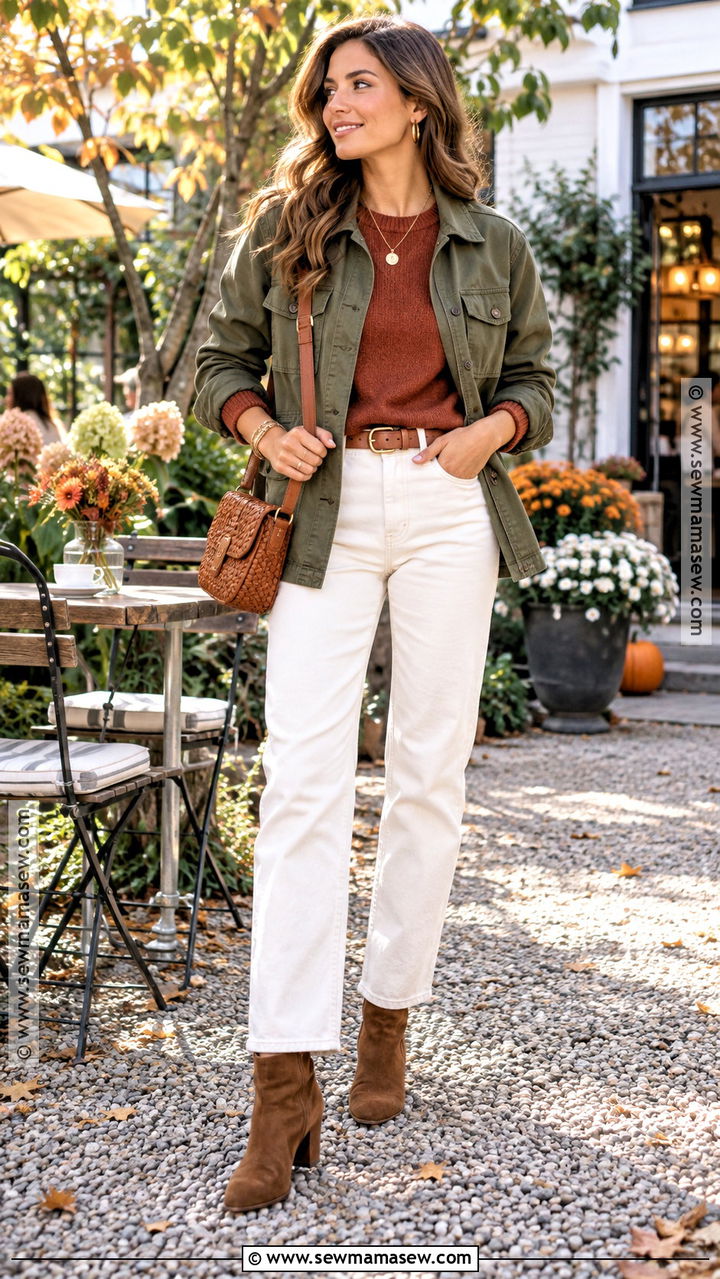 Utility Jacket And White Jeans Brunch Outfit - 20 Brunch Outfit Fall Casual Ideas