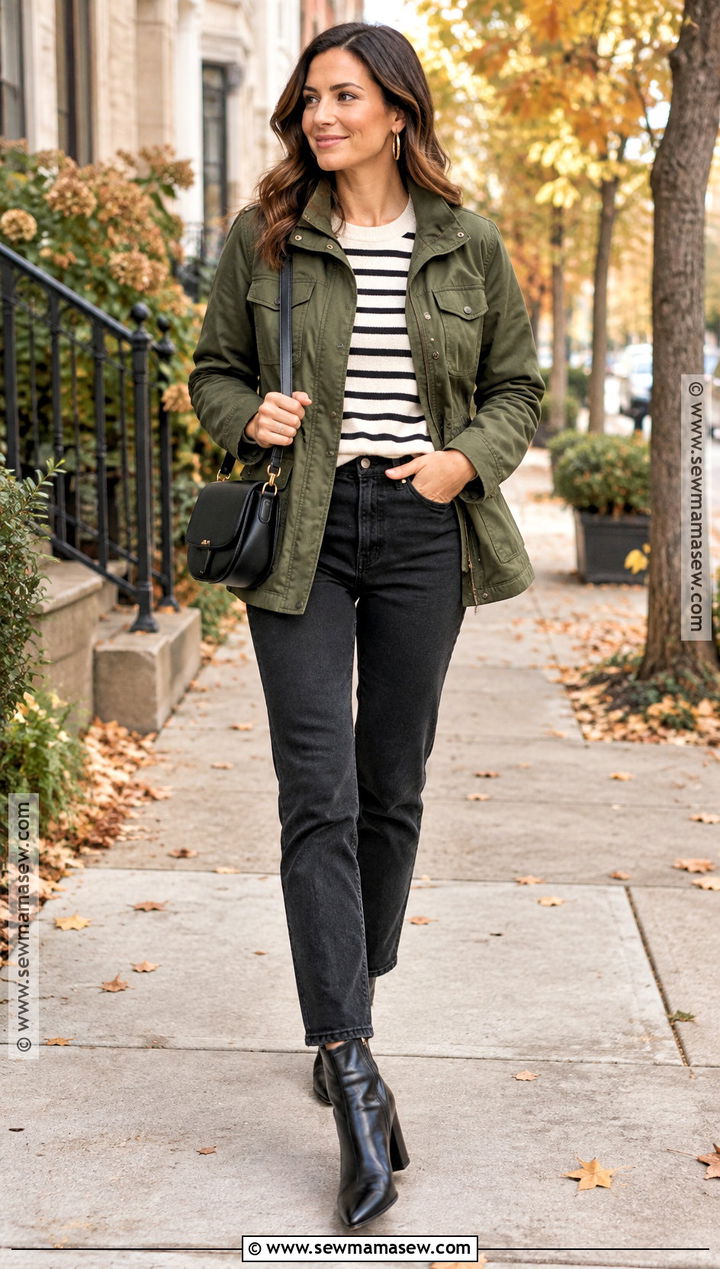 Utility Jacket Black Jeans and Heeled Boots Fall Outfit - 20 fall outfits with heels