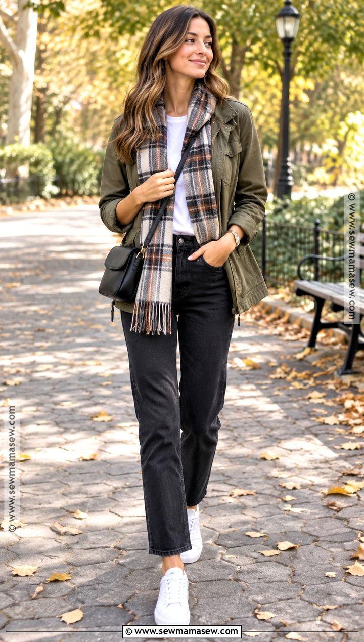 Utility Jacket Crewneck Tee and Black Jeans Outfit - 15 Fall Capsule Wardrobe 2026 Over 30 Ideas
