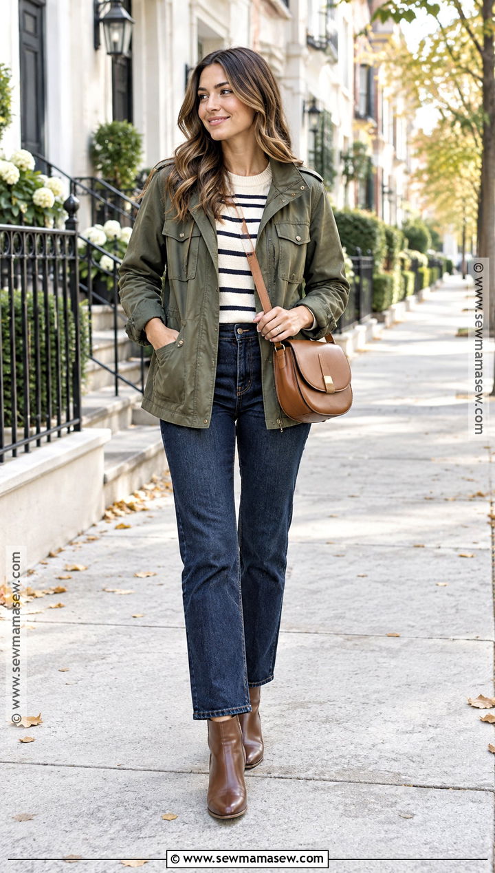 Utility Jacket Fall Outfit With Striped Sweater - 20 fall outfits layering