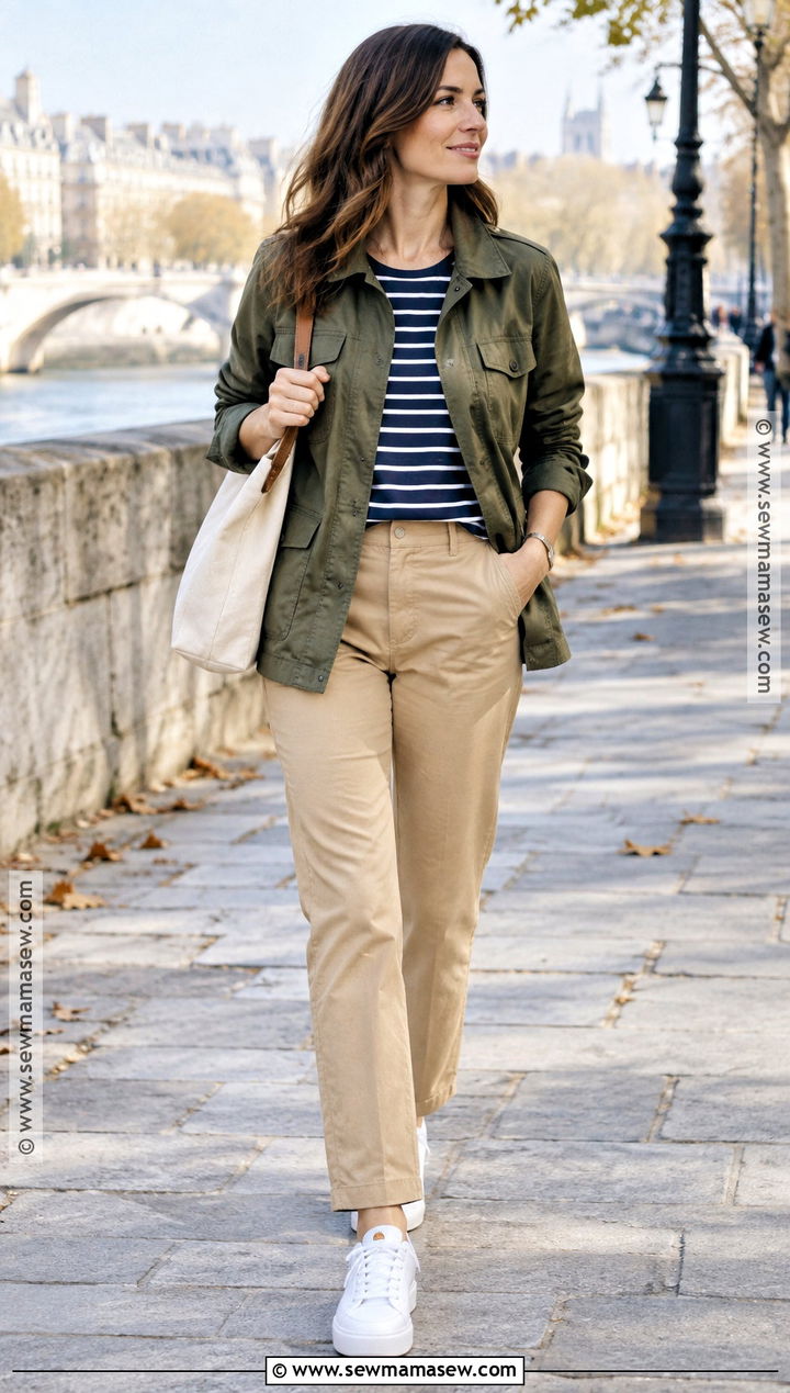 Utility Jacket Fall Outfit With Striped Tee And Chinos - 15 casual looks for fall 2026