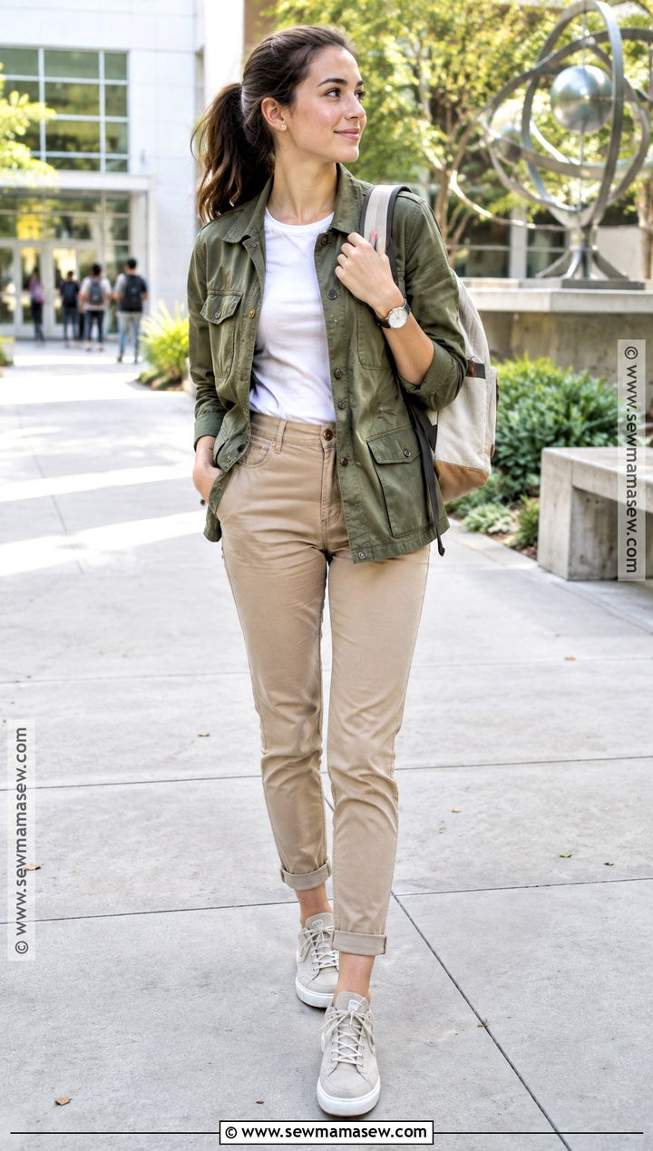 Utility Jacket Fitted Tee and Chino Pants Outfit - 30 back to school outfits