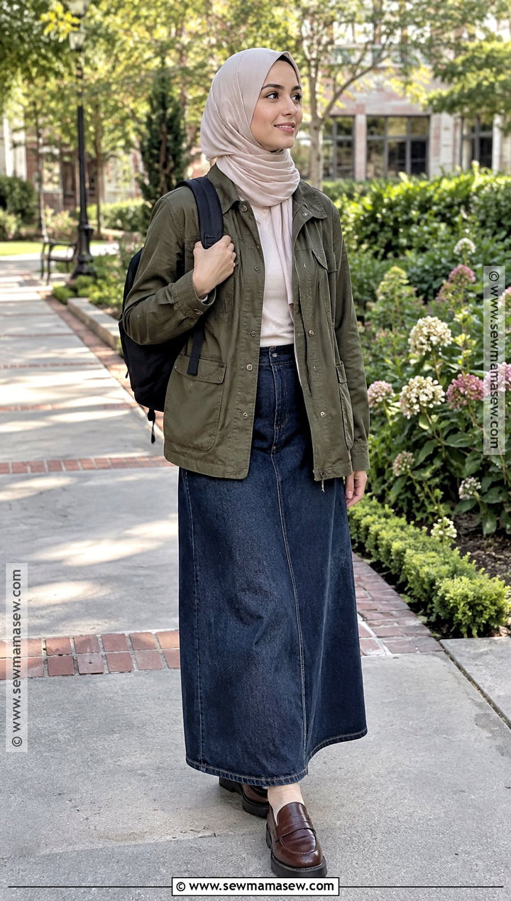 Utility Jacket Hijab Outfit With Denim Maxi Skirt - 20 back to school hijab outfits