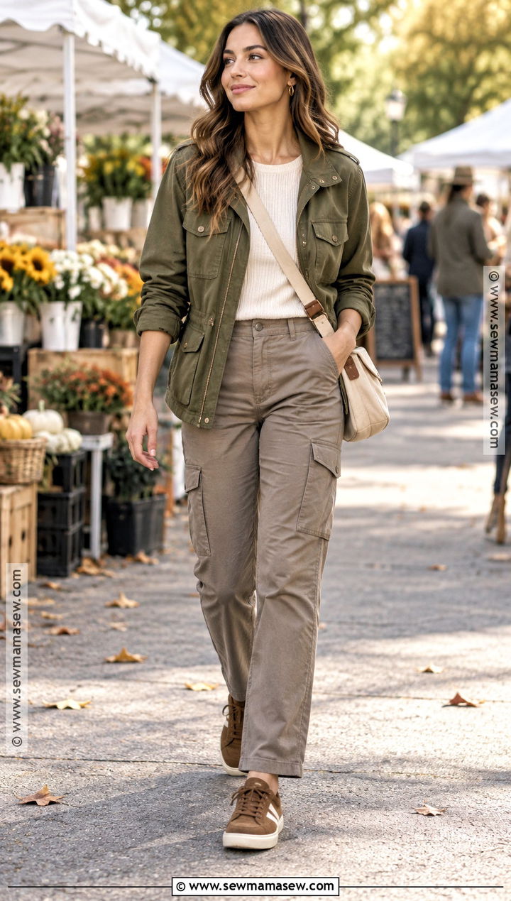 Utility Jacket Knit Top And Cargo Pants Fall Outfit - 15 Womens Fall Fashion Casual Ideas