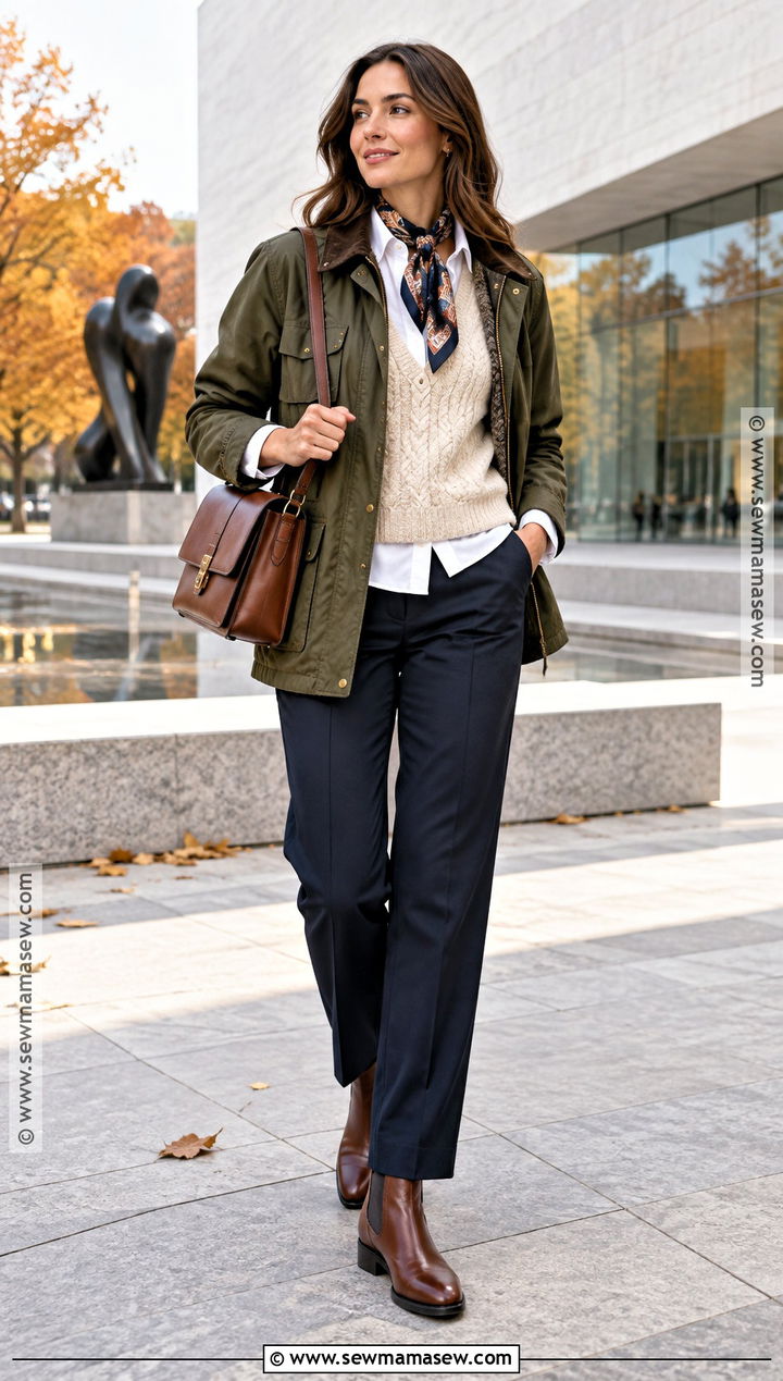 Utility Jacket Knit Vest Shirt Trousers and Boots - 20 cold fall day outfit ideas