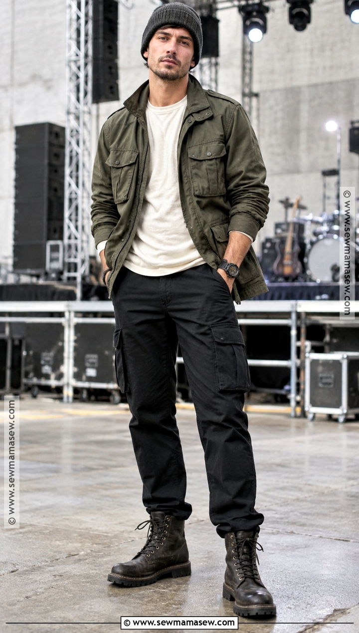 Utility Jacket Long Sleeve Tee and Cargo Pants Concert Outfit - 15 concert outfit men fall ideas