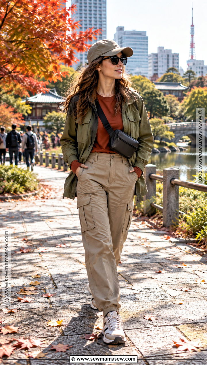 Utility Jacket Long Sleeve Top And Cargo Pants Japan Autumn Outfit - 20 japan travel outfit autumn ideas