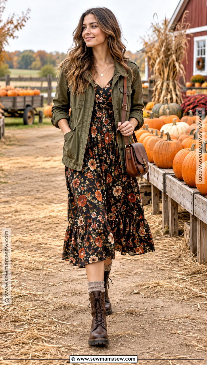 Utility Jacket Pumpkin Patch Outfit With Floral Midi Dress - 25 pumpkin patch outfit ideas for women