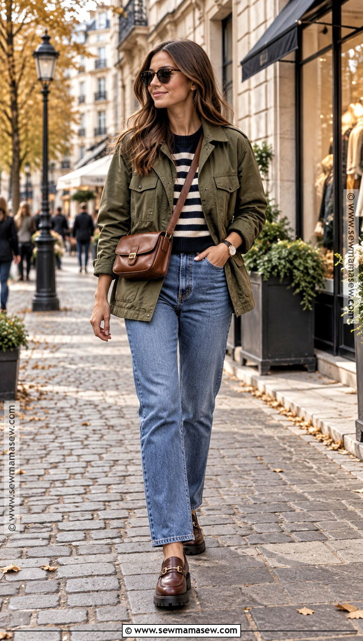 Utility Jacket Striped Sweater Jeans And Loafers - 20 Fall Travel Capsule Wardrobe Europe Ideas