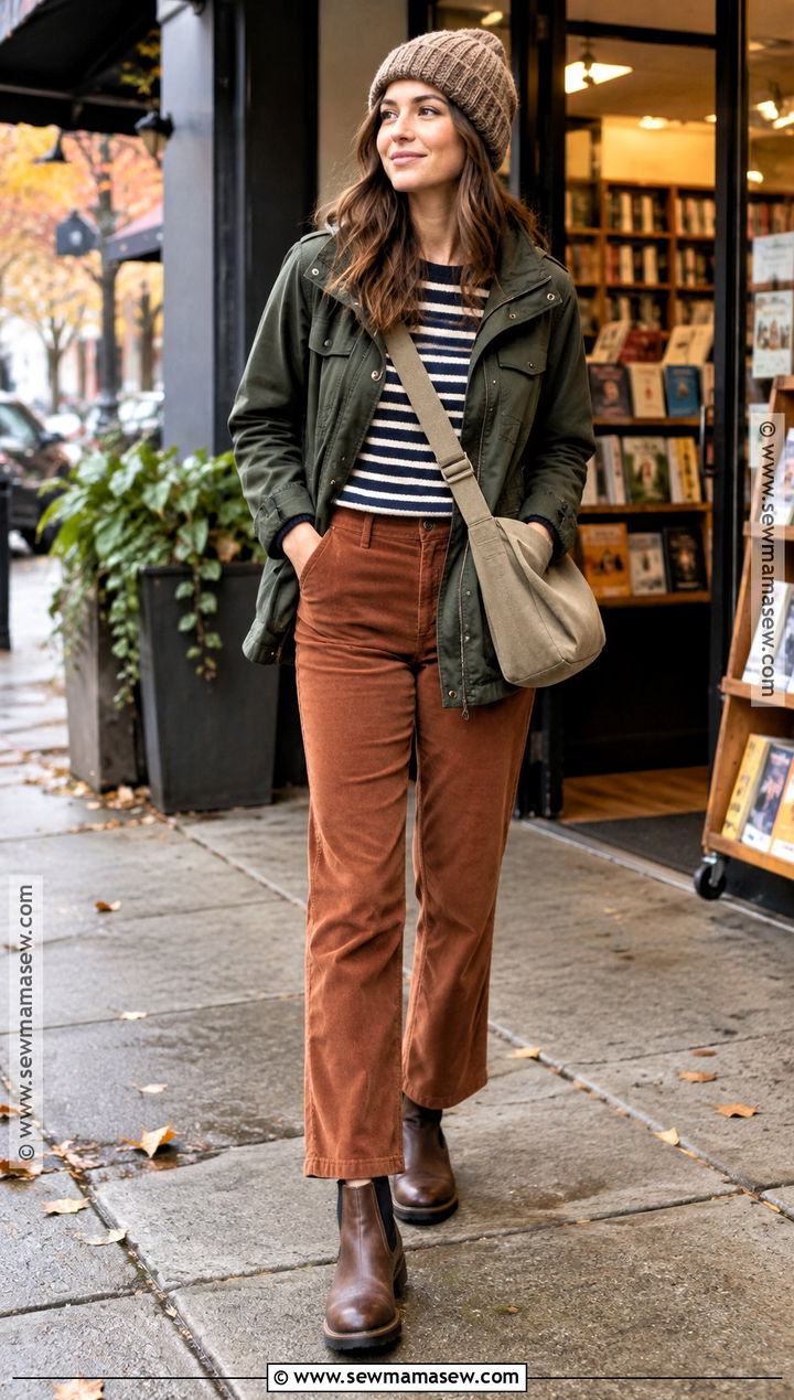 Utility Jacket Striped Tee And Corduroy Pants Seattle Fall Outfit - 20 Fall Seattle Outfits