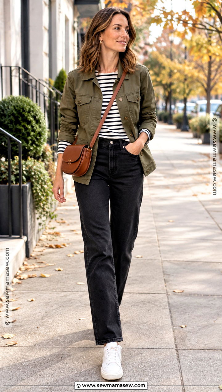 Utility Jacket Striped Tee and Black Jeans - 15 simple casual fall outfits