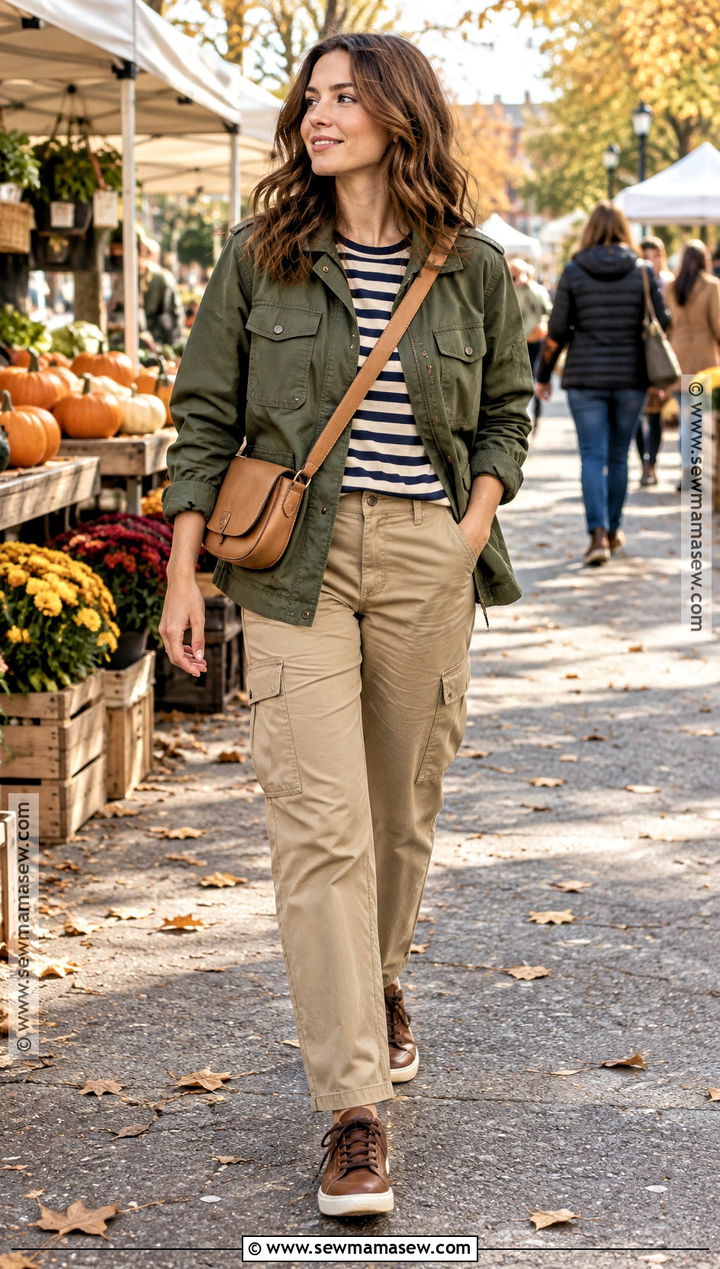 Utility Jacket Striped Tee and Cargo Pants Fall Outfit - 20 simple fall fits