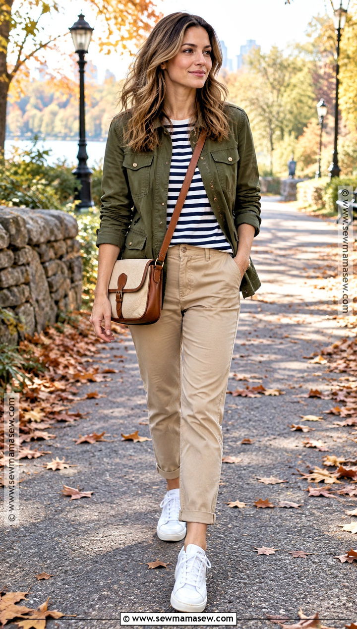 Utility Jacket Striped Tee and Chinos - 15 daytime date outfit fall ideas