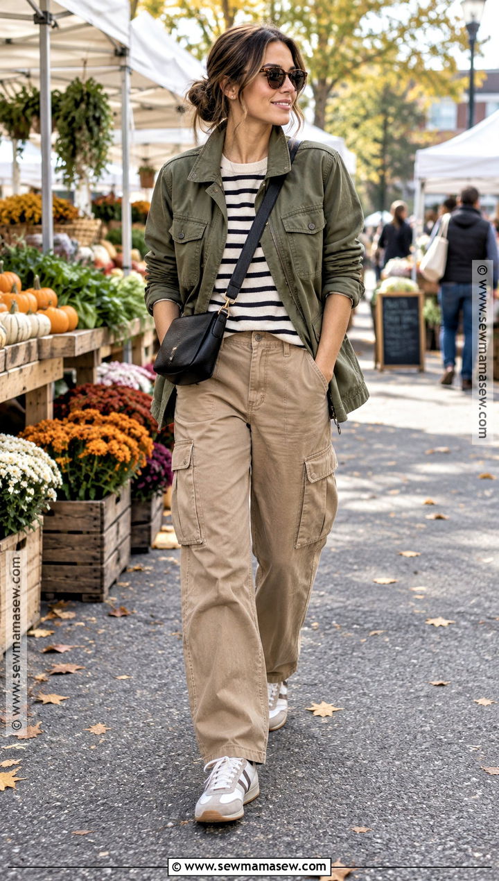 Utility Jacket Striped Top And Cargo Pants Fall Outfit - 25 fall fit ideas