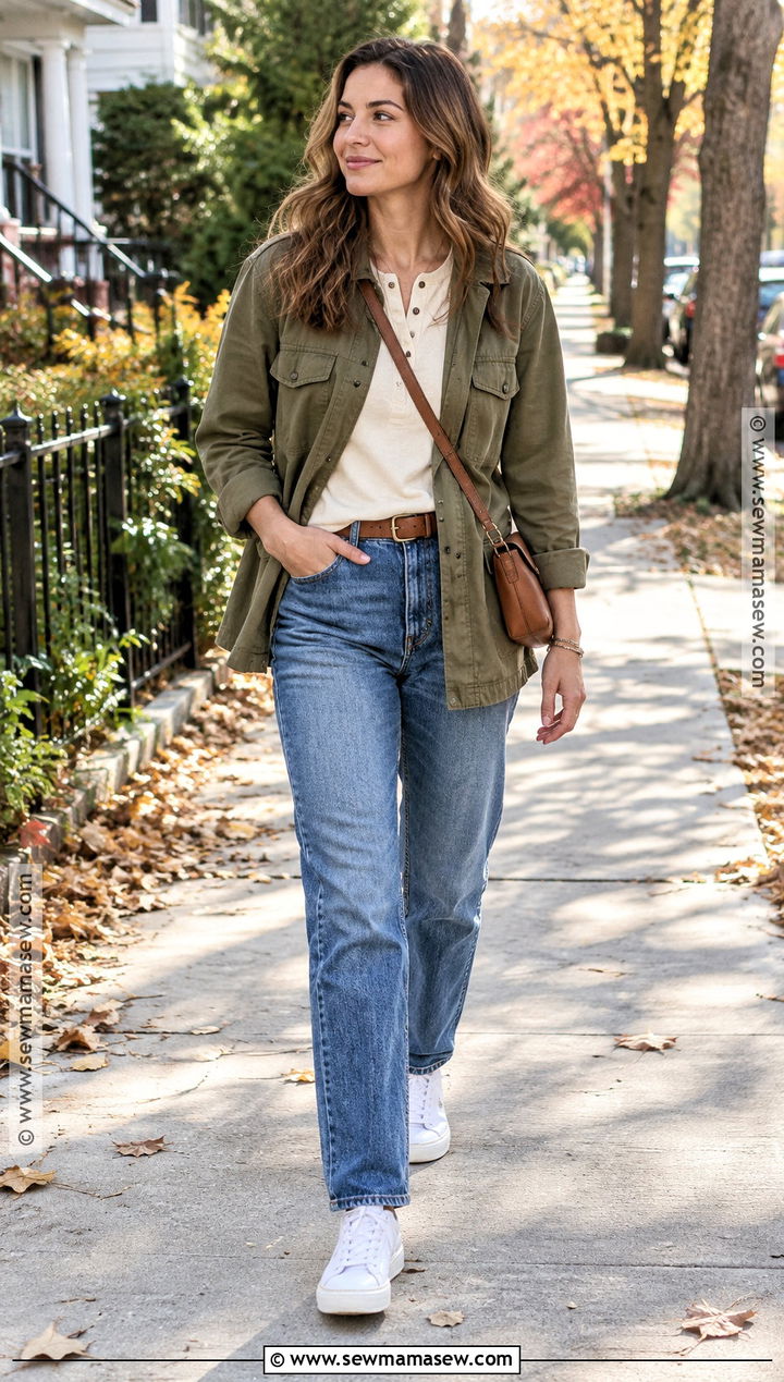 Utility Jacket Thanksgiving Outfit With Jeans And Sneakers - 25 Thanksgiving Dinner Outfit Women Casual Ideas