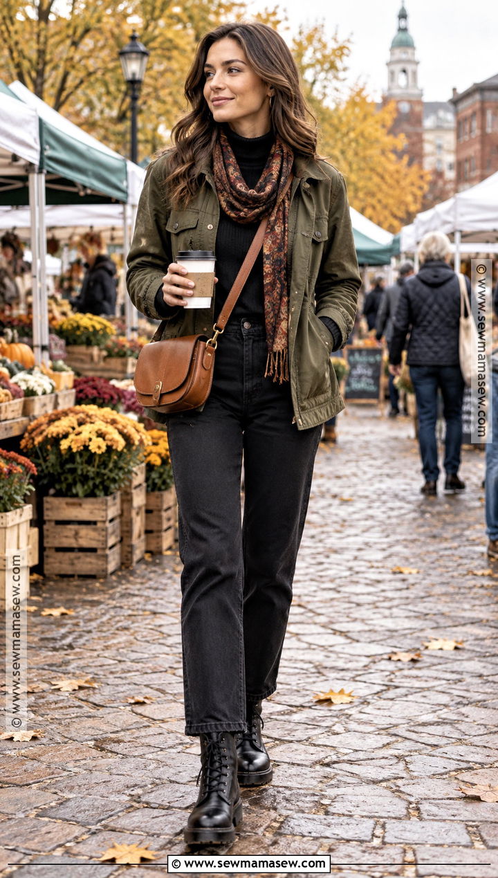 Utility Jacket Turtleneck Black Pants And Lace Up Boots Fall Capsule Outfit - 25 fall capsule wardrobe ideas