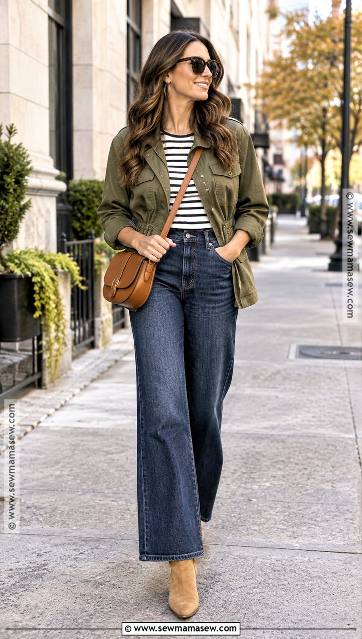 Utility Jacket With A Striped Tee And Wide Leg Jeans - 20 Casual Nashville Outfit Fall Ideas