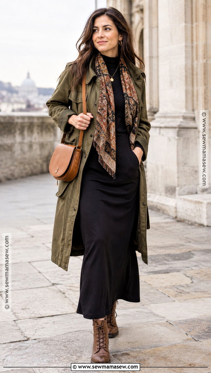 Utility Jacket With Black Maxi Dress Fall Modest Outfit - 15 fall 2026 modest outfits