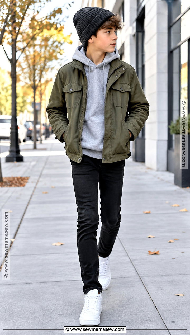 Utility Jacket With Hoodie And Black Jeans - 25 Boy Fall Outfits