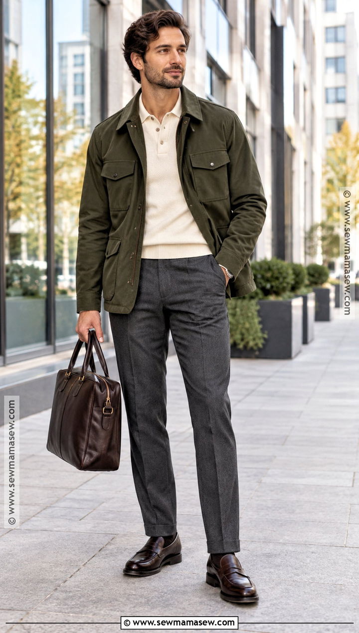 Utility Jacket With Knit Polo And Trousers - 20 men fall jacket ideas