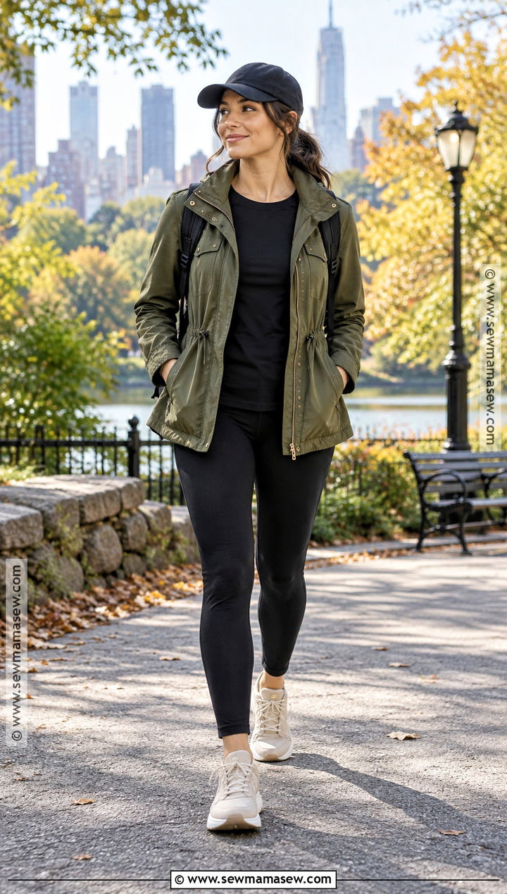 Utility Jacket With Leggings And Casual Sneakers - 20 fall fits leggings
